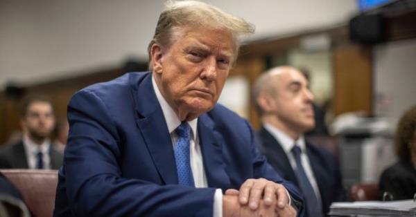 Former President Do<em></em>nald Trump sits in Manhattan Criminal Court in New York, on May 20, 2024. (Dave Sanders/The New York Times via AP, Pool)