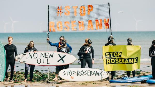 Handout photo of campaigners from Surfers Against Sewage in Aberdeen taking part in the Wave of Resistance protest. Hundreds of demo<em></em>nstrators across Scotland and the UK are protesting against the planned development of the Rosebank oil and gas field, highlighting their co<em></em>ncerns over the potential impact drilling into the reservoir 80 miles north-west of the Shetland isles could have on local marine life. Picture date: Saturday June 10, 2023.